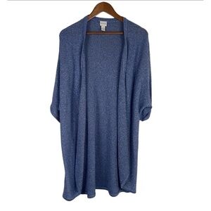 Chicos Cardigan XL Blue Metallic Open Front Short Sleeve Shimmer Knit Party Chic